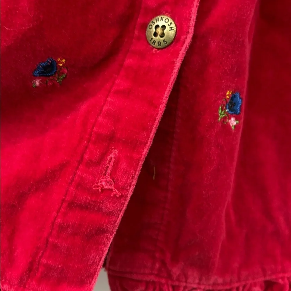 OshKosh B'gosh vintage Red Plaid velvet dress with Floral embroidery- girls 5